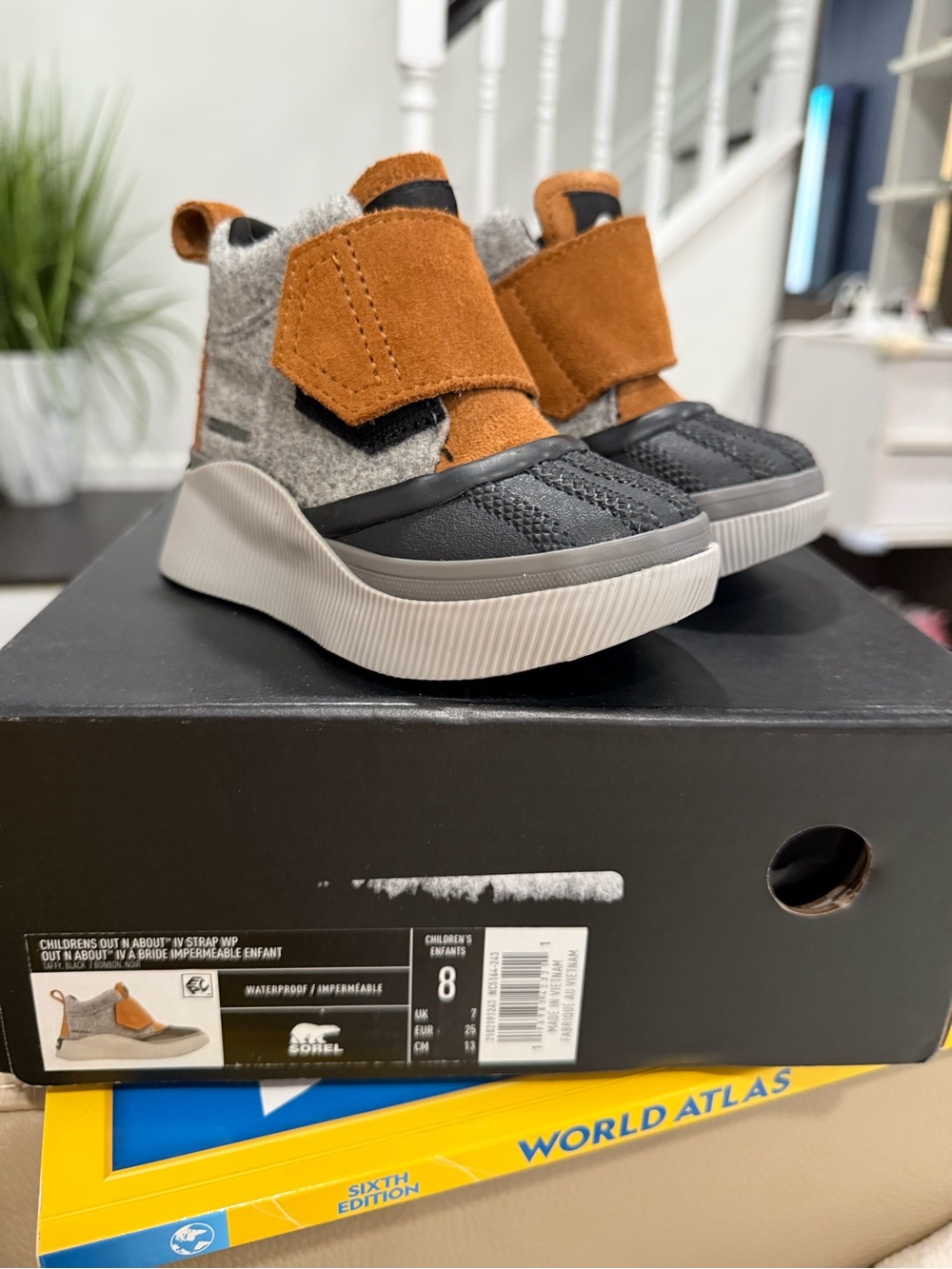 Sorel Kids Waterproof Boots in Gray & Brown/Orange Suede